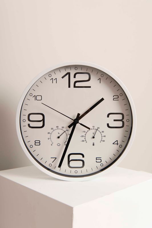 Klokke 30cm m/termometer Hvit